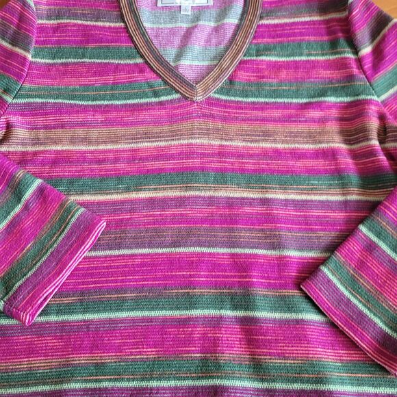 St.John Sport By Marie Gray Striped Santana Knit Top Deep Pink Green Yellow Sz L - Picture 4 of 9